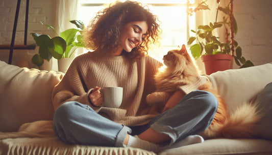 A cat sitting next to its owner, both sharing a relaxed expression, highlighting the resemblance between cats and their humans