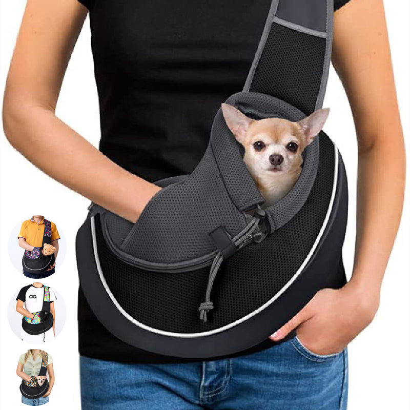 A portable crossbody pet bag being modeled by a woman with a small dog inside