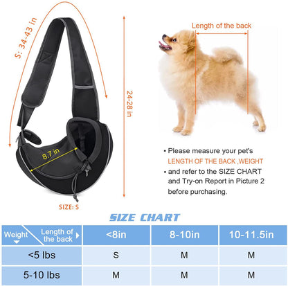 A size chart displayed for a pet carrying sling to ensure proper fit for various dog breeds